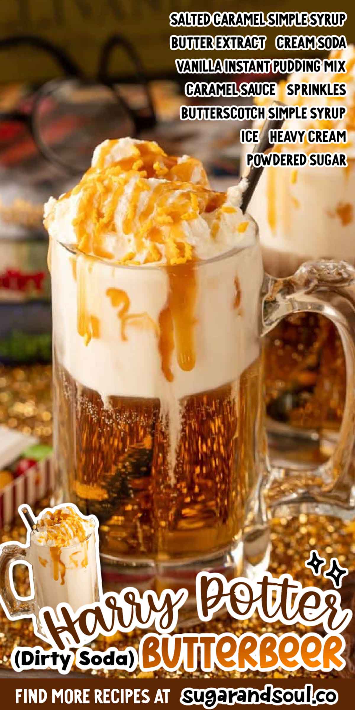 Harry Potter Butterbeer Dirty Soda is every muggle's favorite drink that's made of cream soda, caramel and butterscotch syrups, butter extract, and cream! You don't need a house elf to make this recipe for you, it's super easy and ready to enjoy in just 5 minutes or less! via @sugarandsoulco