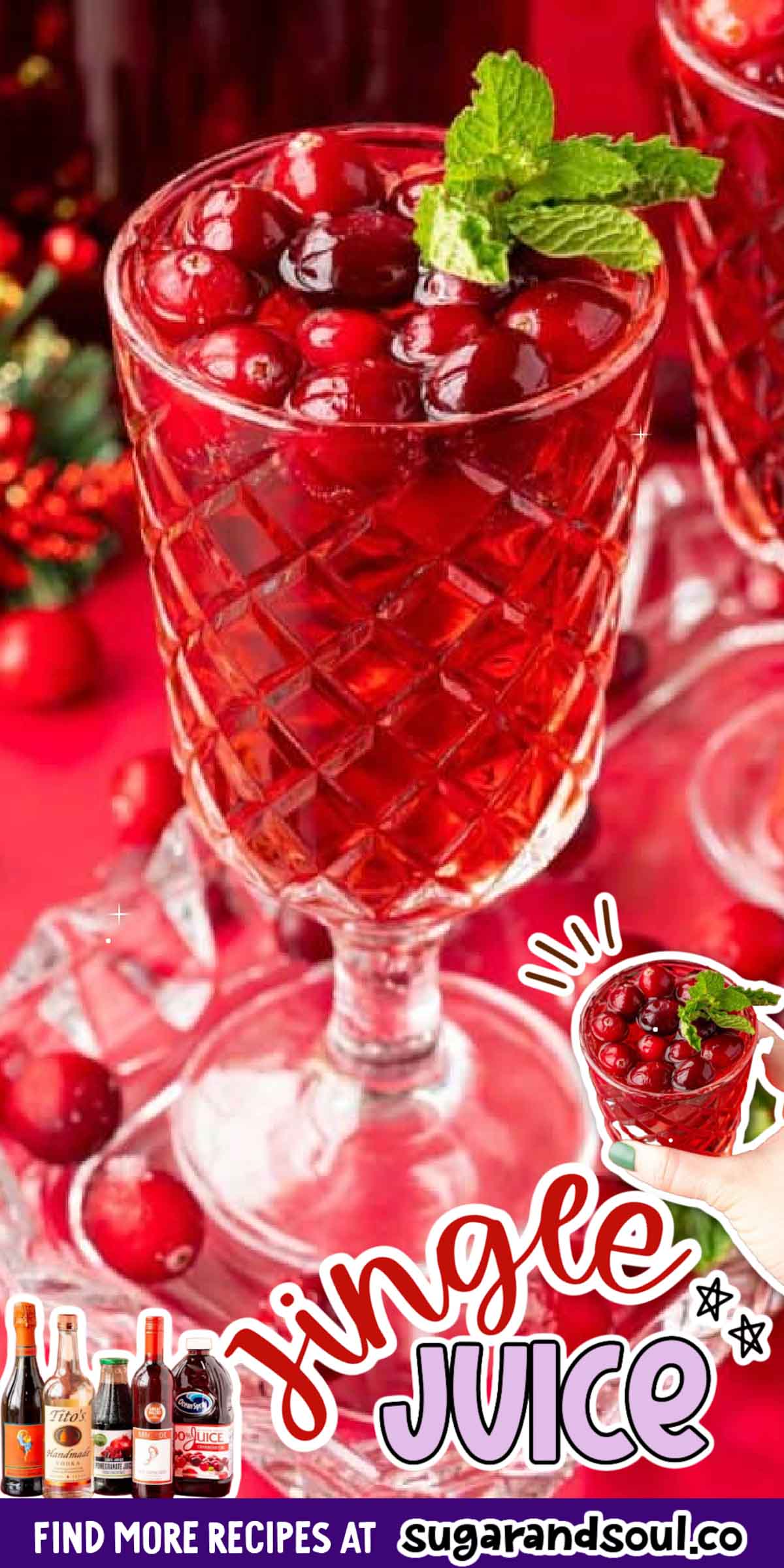 This Jingle Juice Recipe will ring your bells since it's made with THREE types of alcohol that are mixed with cranberry juice and pomegranate juice! A drier holiday punch that's ready to serve and sip after just 5 minutes of prep! via @sugarandsoulco