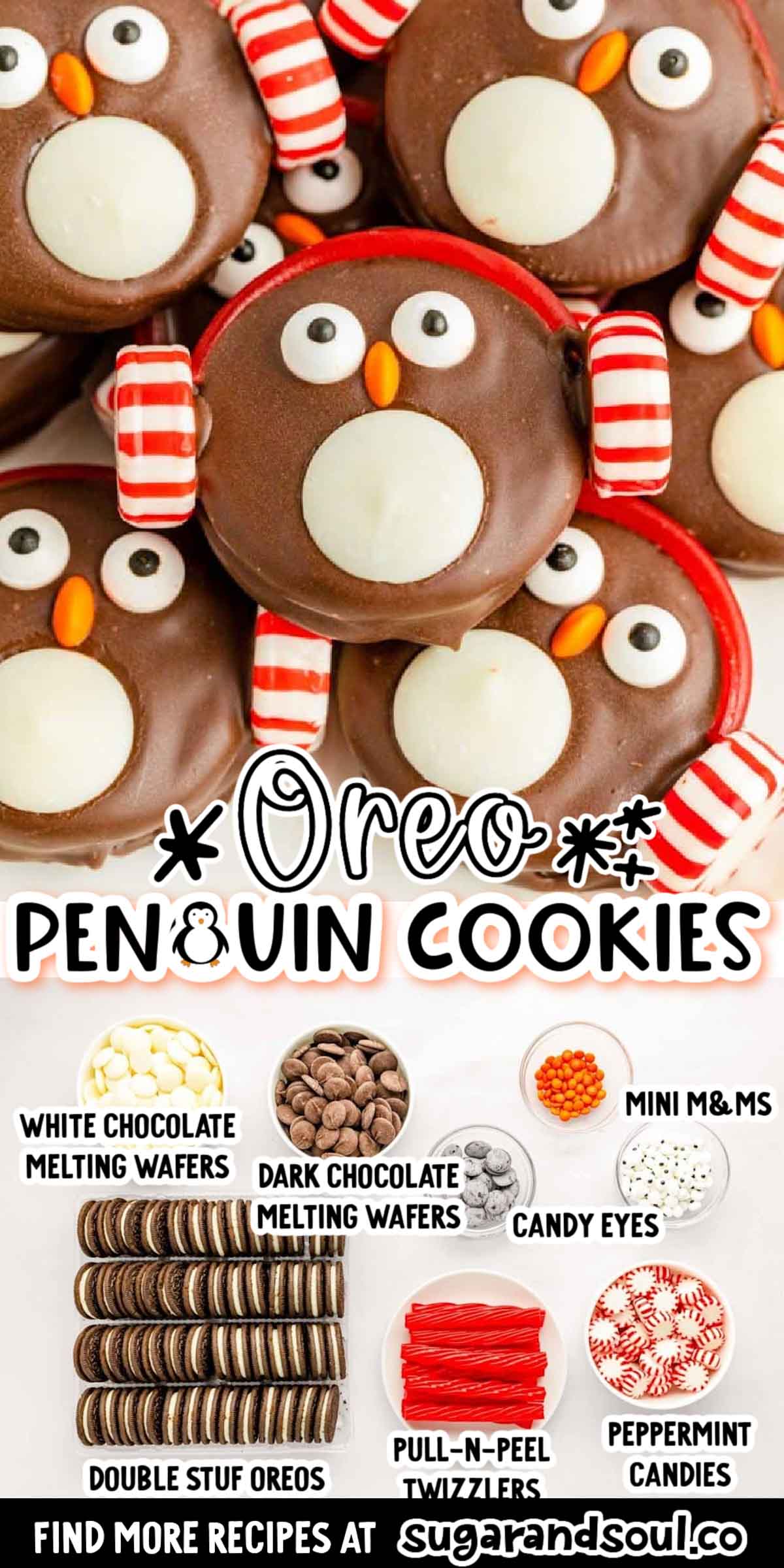 Oreo Penguin Cookies are dipped in dark chocolate and brought to life with candy eyes, M&Ms, candy melts, peppermint candies, and Twizzlers!  via @sugarandsoulco
