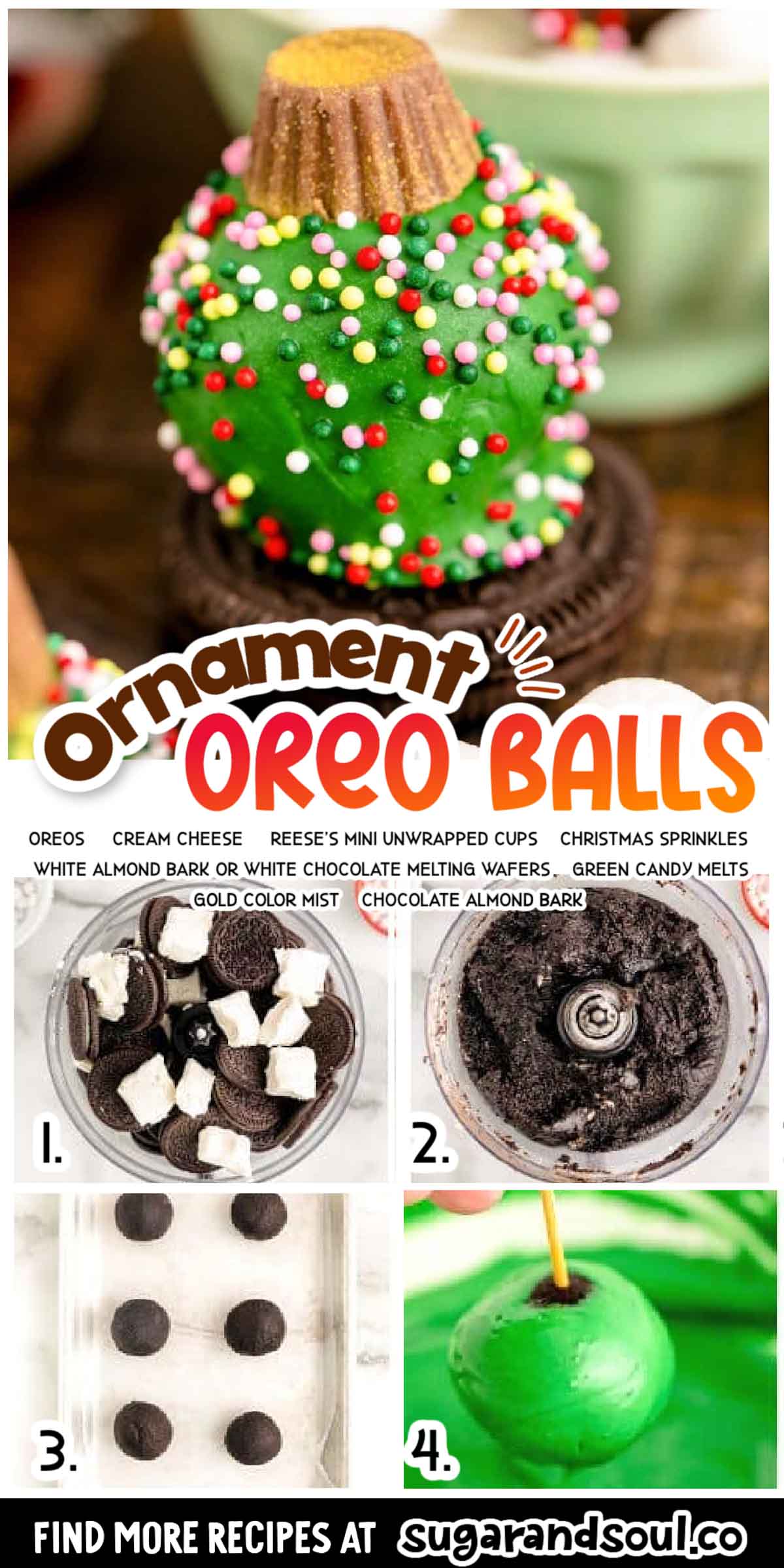Oreo Ball Ornaments are fun, festive, no-bake treats that are made with only 4 ingredients and finished off with edible color spray and sprinkles! This is an exciting recipe that the whole family can make together! via @sugarandsoulco