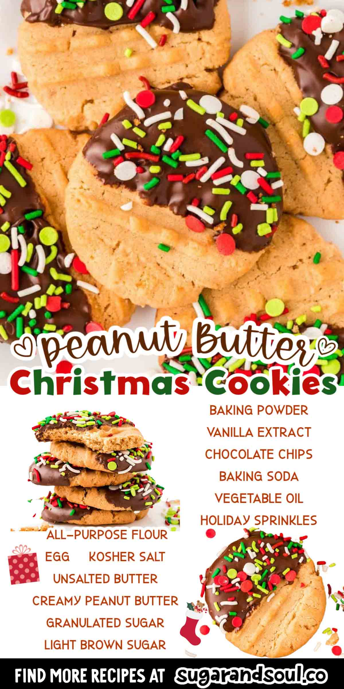 Peanut Butter Christmas Cookies are an easy-to-make holiday treat that creates a sweet, peanut-buttery cookie with a chocolate dip and sprinkles! Each batch takes just 12 minutes to bake! via @sugarandsoulco