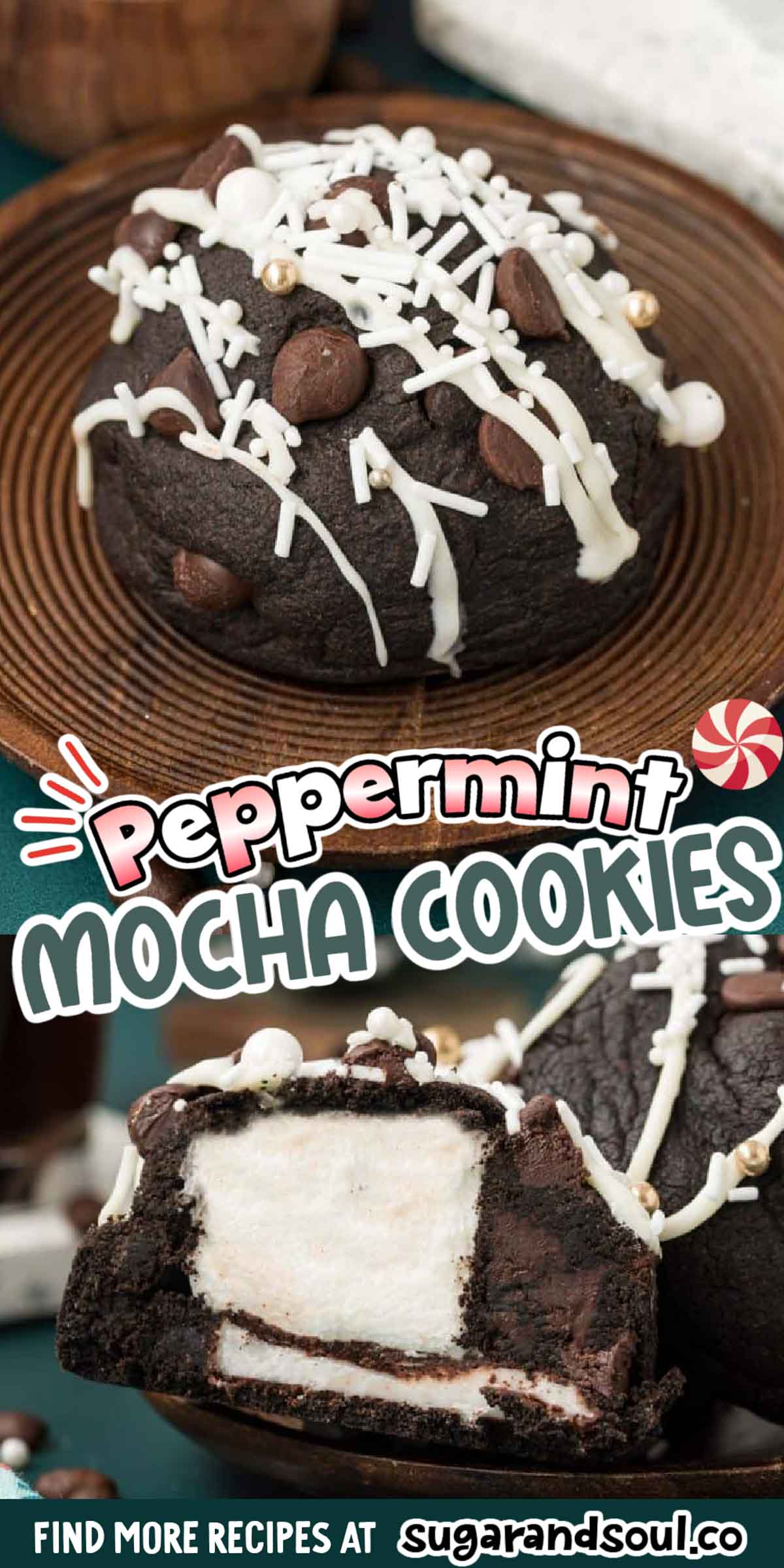 Peppermint Mocha Cookies are made with a deep, coffee-flavored chocolate cookie dough around a peppermint patty that's topped with a marshmallow! A reasonably simple, no-chill, gourmet cookie recipe that will impress friends and family! via @sugarandsoulco