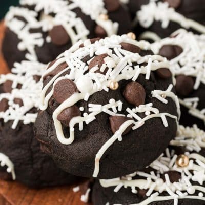 Close up photo of Peppermint Mocha Cookies on a wooden serving tray.