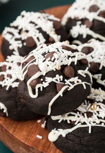 Close up photo of Peppermint Mocha Cookies on a wooden serving tray.