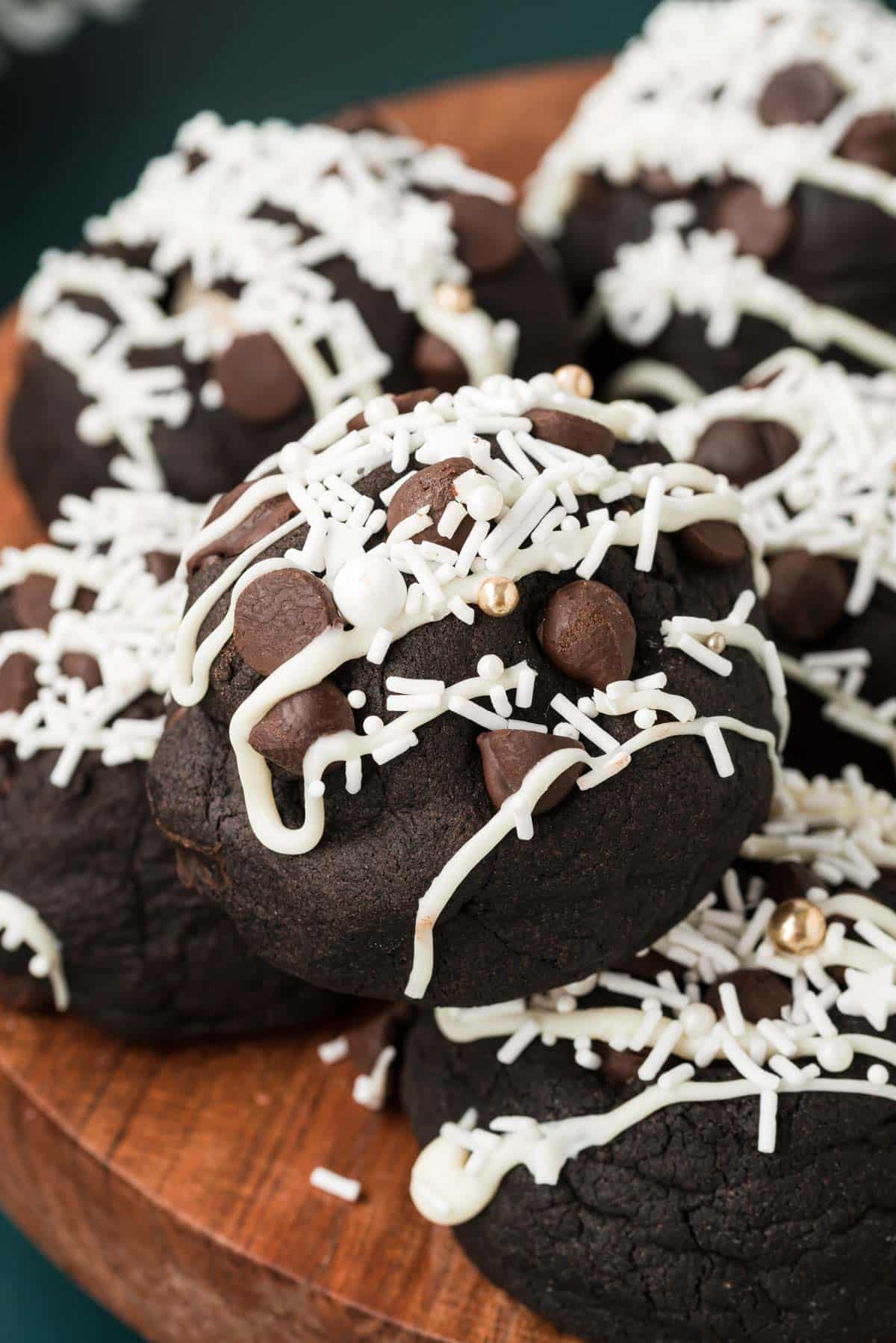 Close up photo of Peppermint Mocha Cookies on a wooden serving tray.