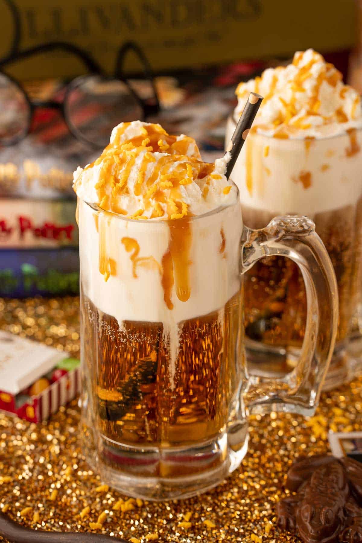 Close up of Butterbeer in a glass mug