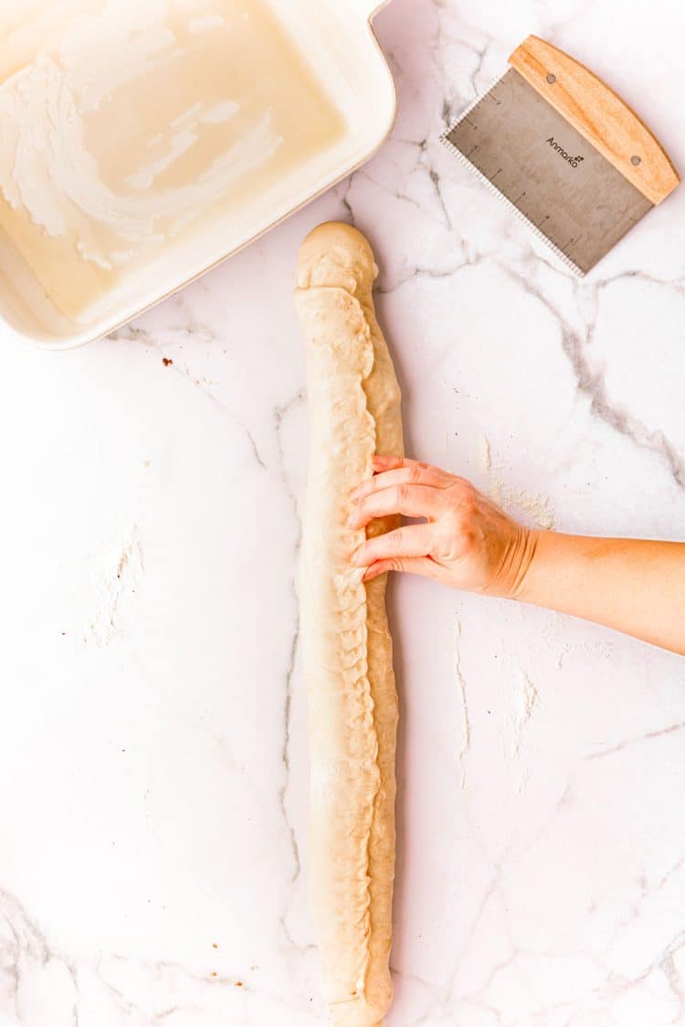 A woman's hand pinch the seams of dough on a log of cinnamon rolls.