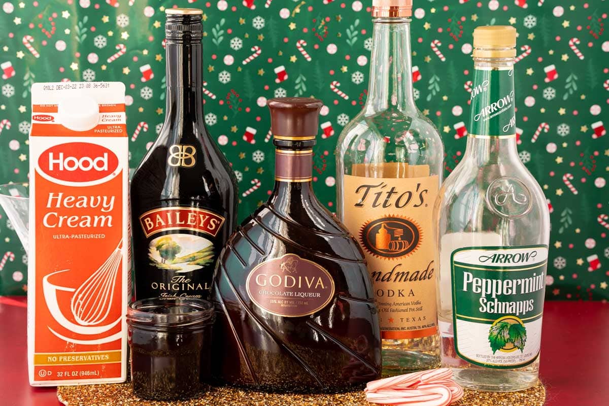 Ingredients to make a peppermint chocolate martini.