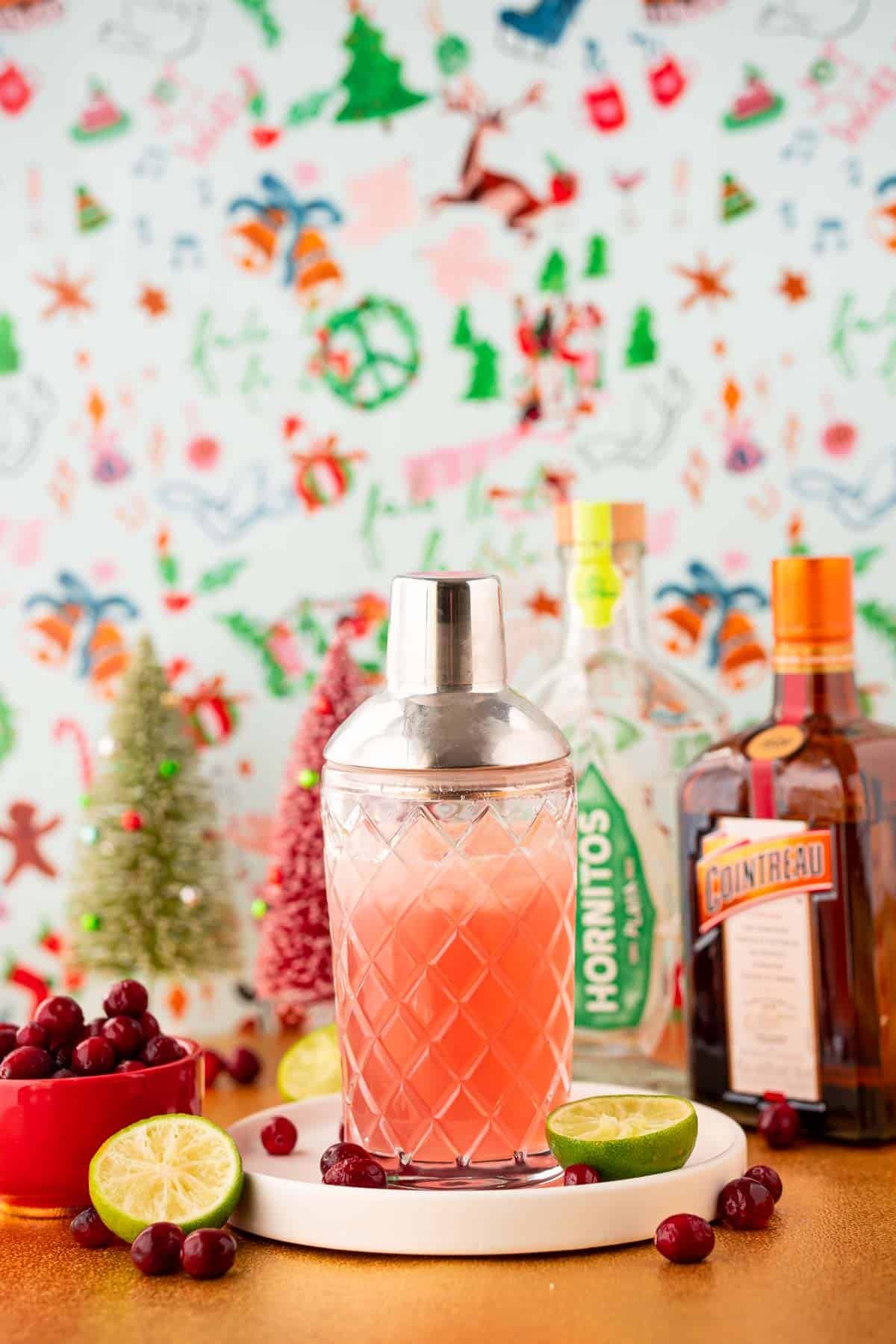 A cocktail shaker filled with cranberry margarita on a white plate.