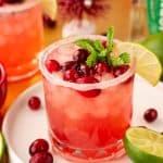 Close up of a Cranberry Margarita on a white tray on a gold surface with limes and cranberries around it.