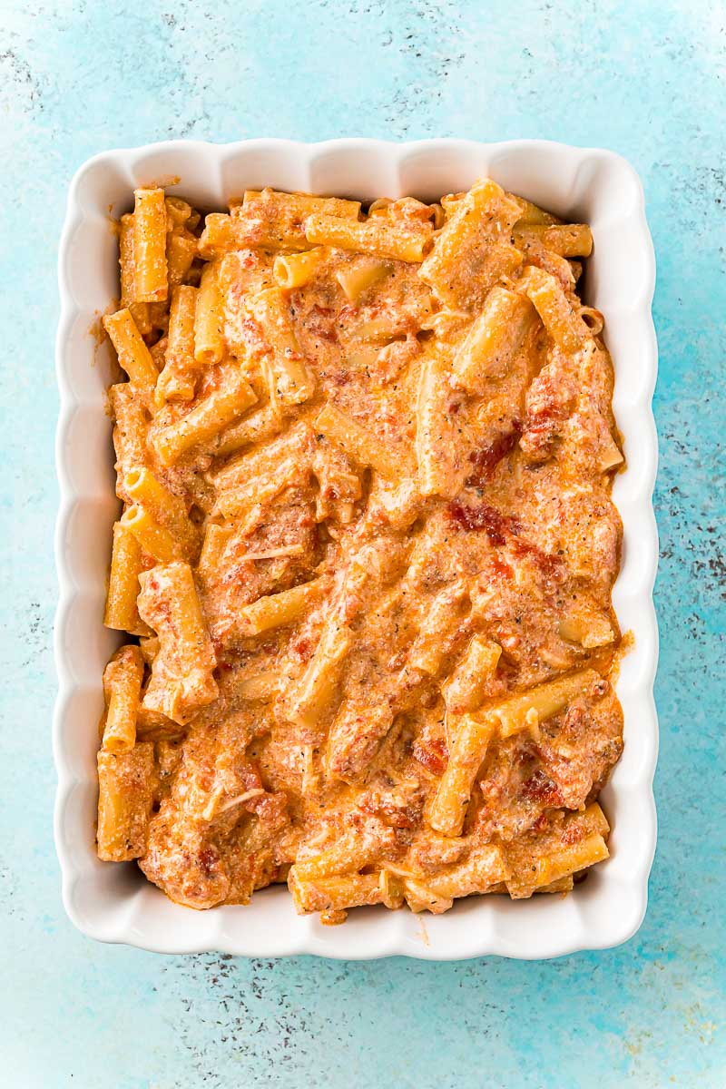 pasta and sauce in baking dish