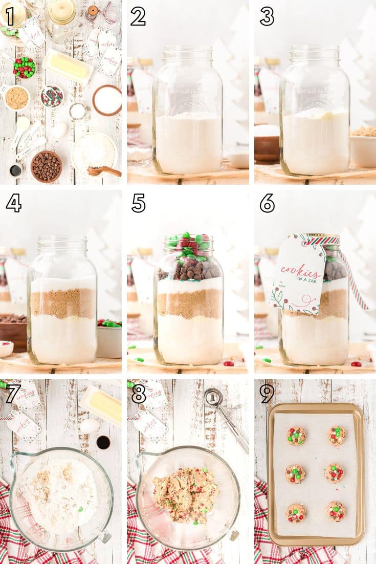 Step by step photo collage showing how to make cookies in a jar.