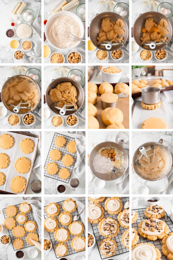 Step by step photo collage showing how to make copycat crumbl cookie dough cookies.