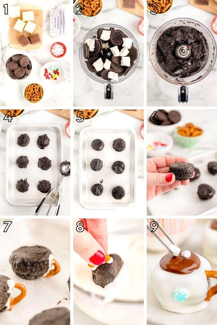 Step by step photo collage showing how to make hot cocoa shaped oreo balls.