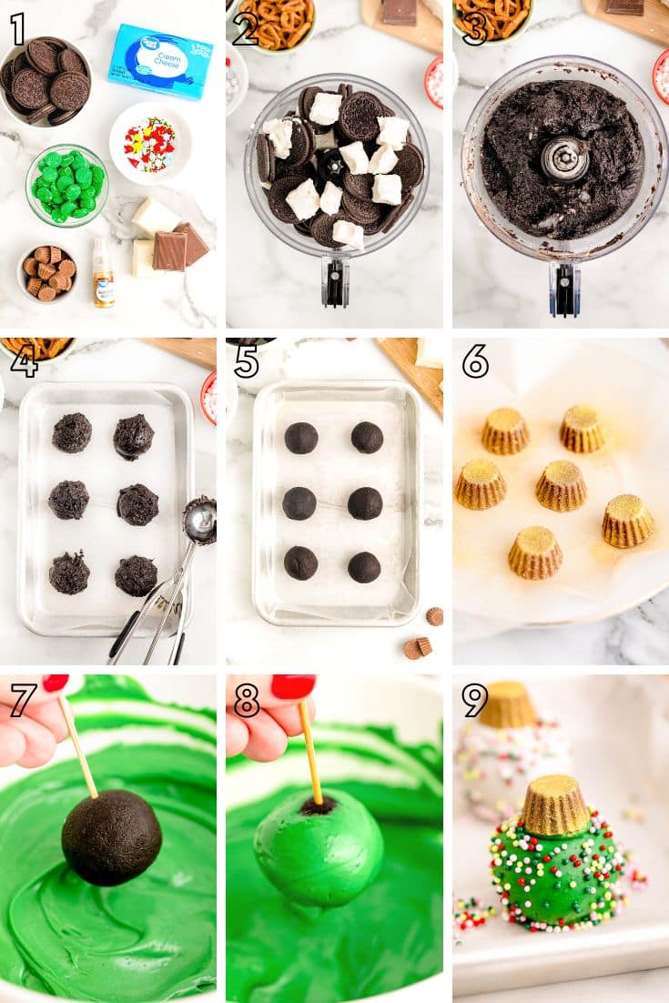 Step by step photo collage showing how to make oreo balls look like ornaments.