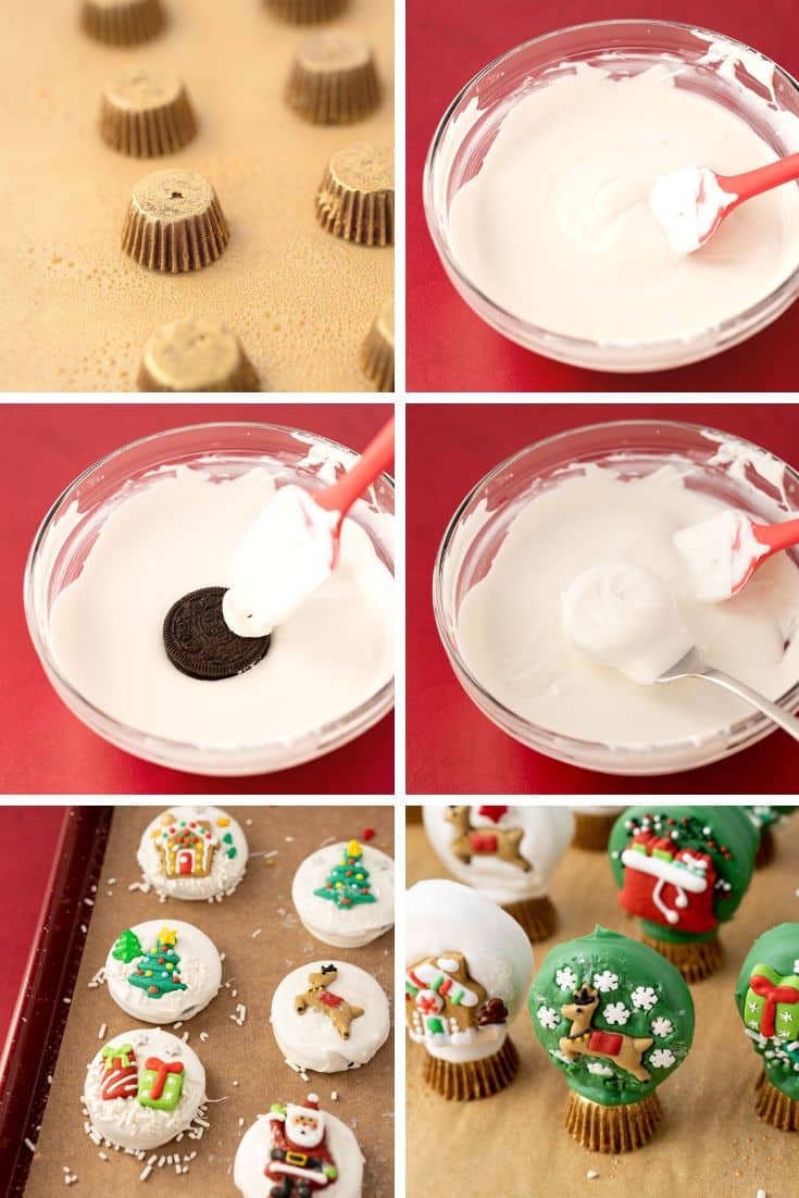 Step by step photo collage showing how to make Christmas Oreo Snow Globe Cookies.