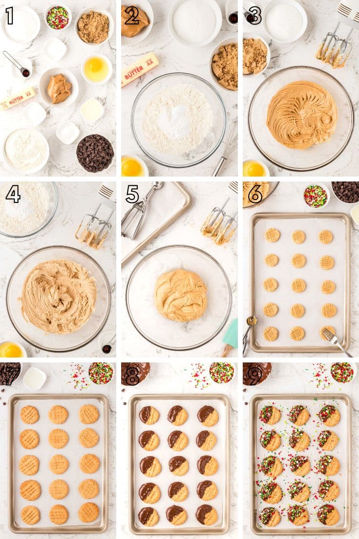Step by step photo collage showing how to make peanut butter Christmas cookies.