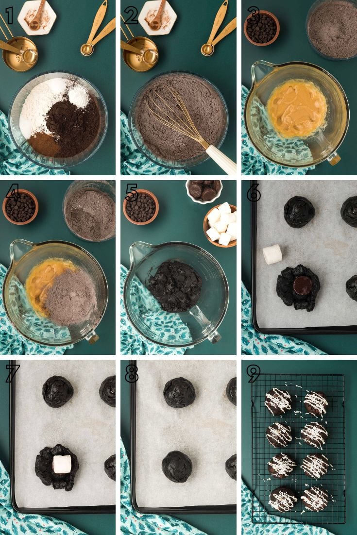 Step by step photo collage showing how to make stuffed peppermint mocha cookies.