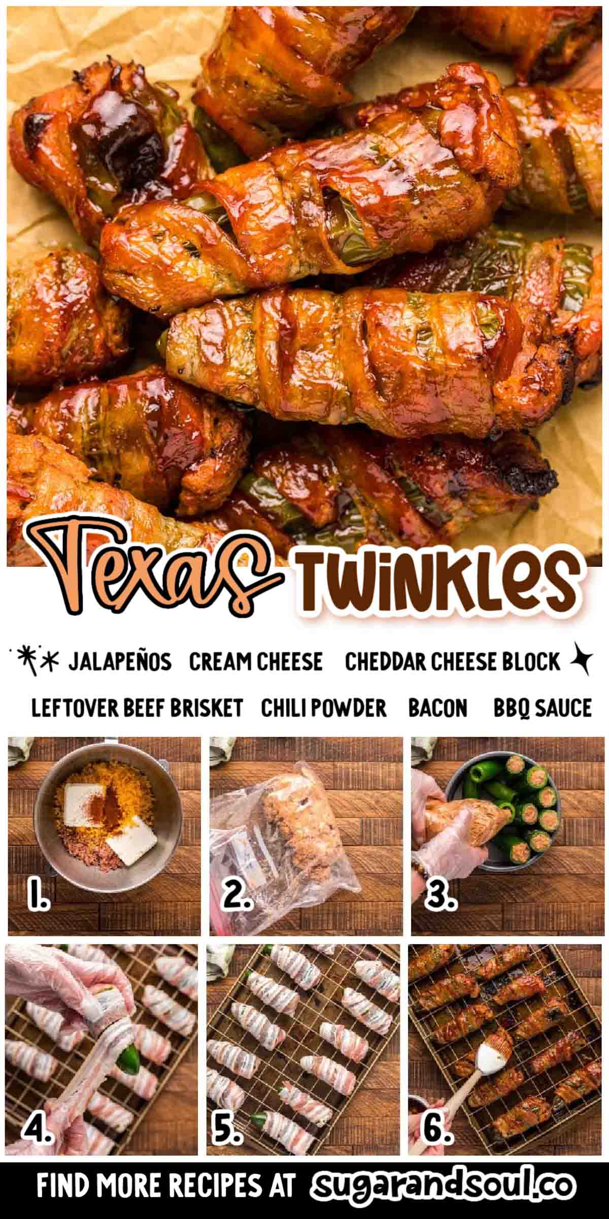 Texas Twinkies are an easy recipe of jalapenos stuffed with a cheesy brisket filling, wrapped in salty bacon, and brushed with BBQ sauce! A great way to use leftover brisket and the perfect appetizer for game days! via @sugarandsoulco