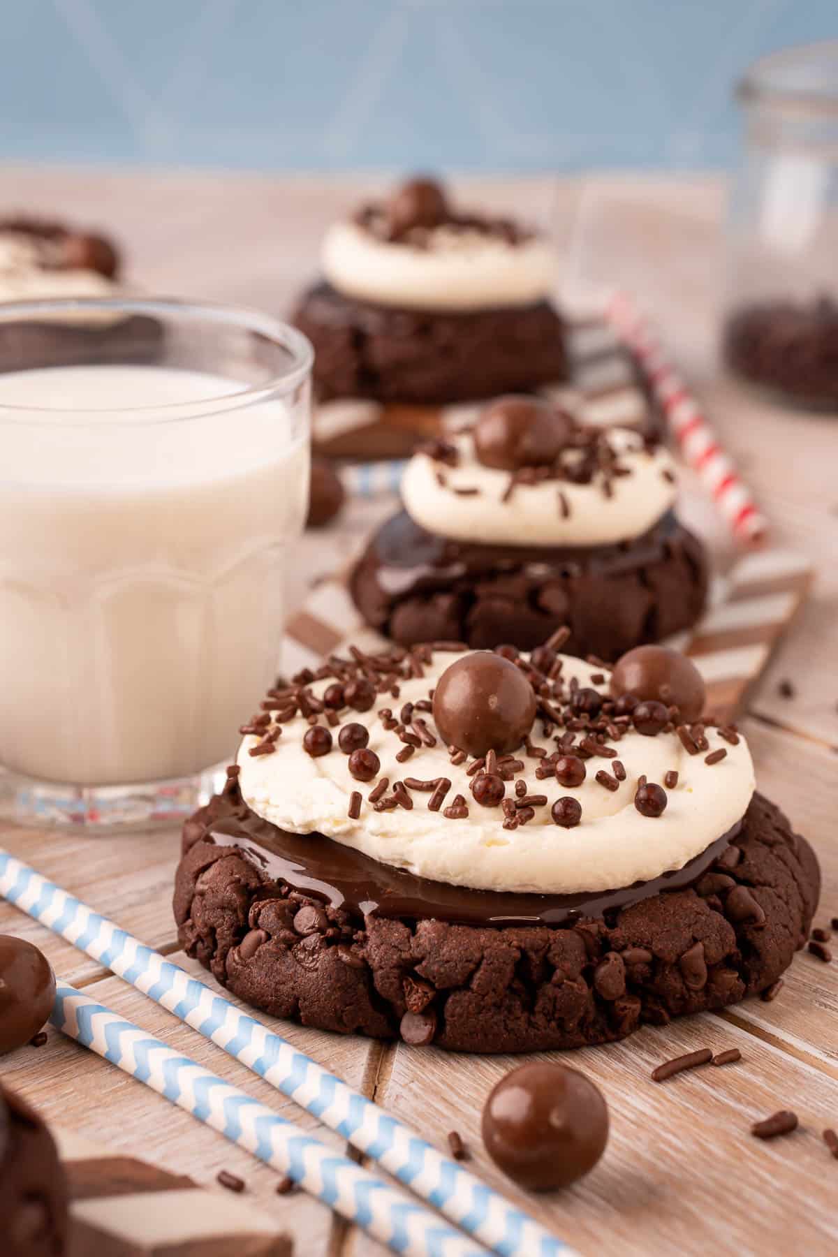 Chocolate milkshake cookies on a table.