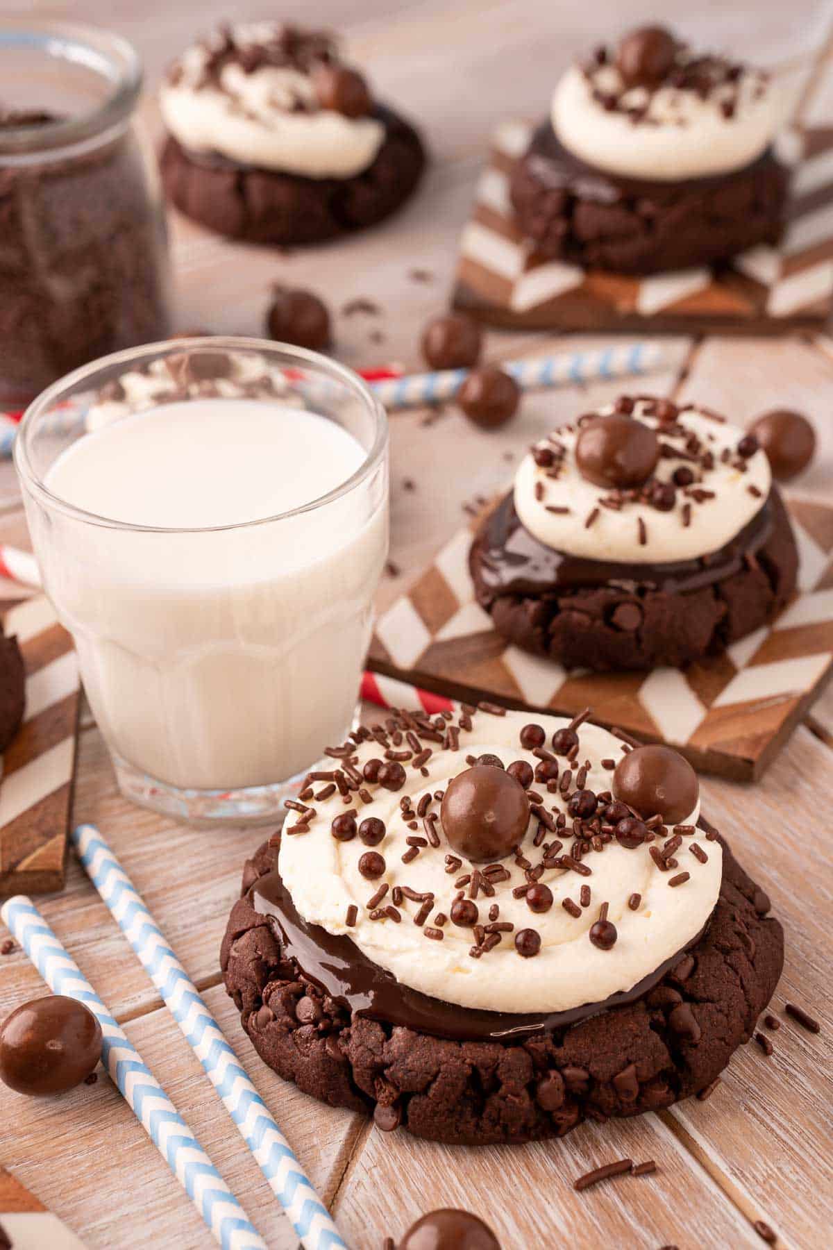 Chocolate milkshake cookies on a table.