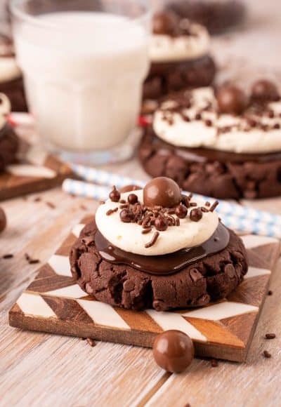 Chocolate Milkshake Cookie on a coaster.