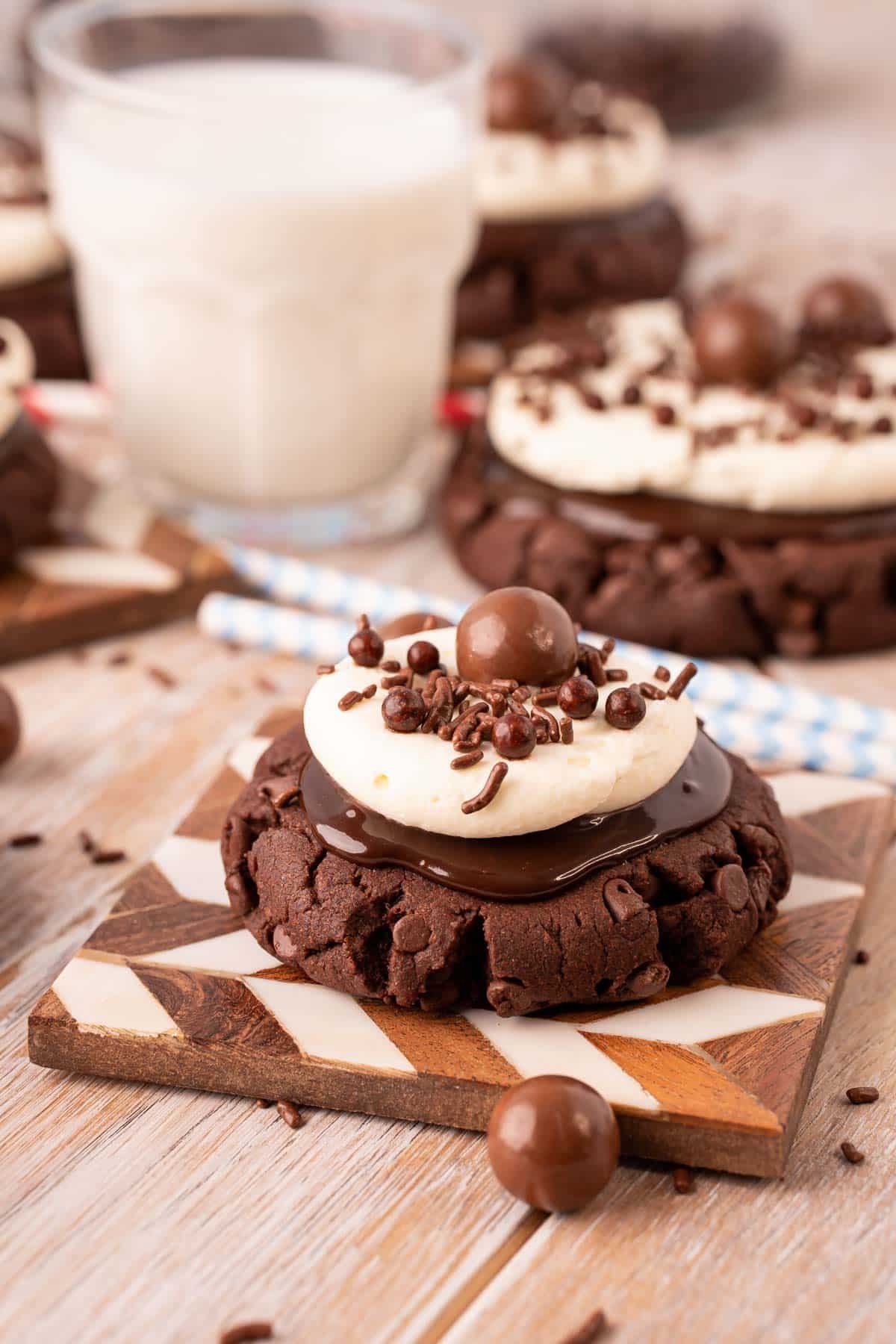 Chocolate Milkshake Cookie on a coaster.