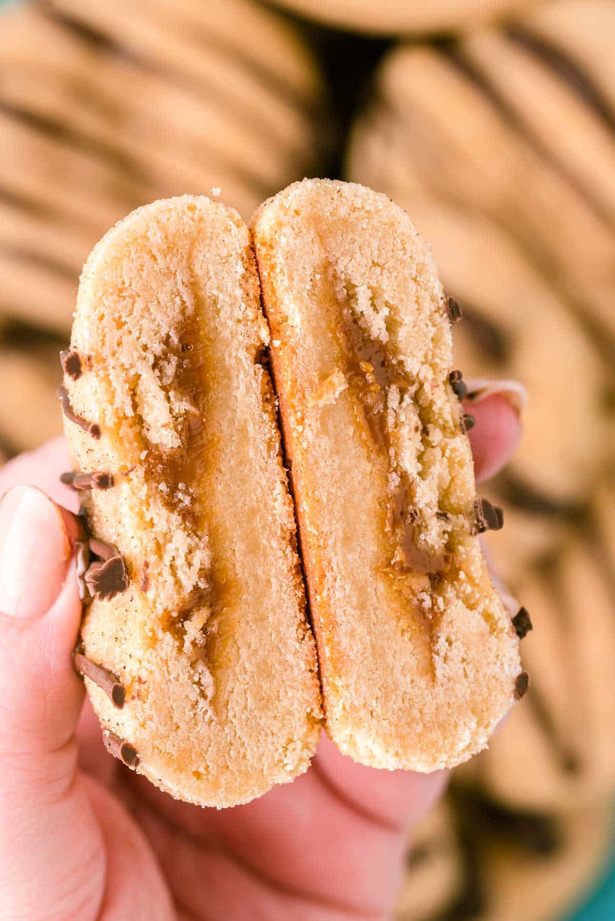 A woman's hand holding a churro cookie that's been cut in half.