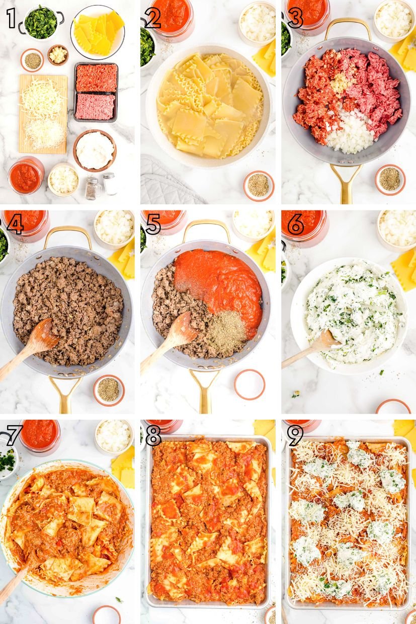 Step by step photo collage showing how to make Giada's all-crust sheet pan lasagna.