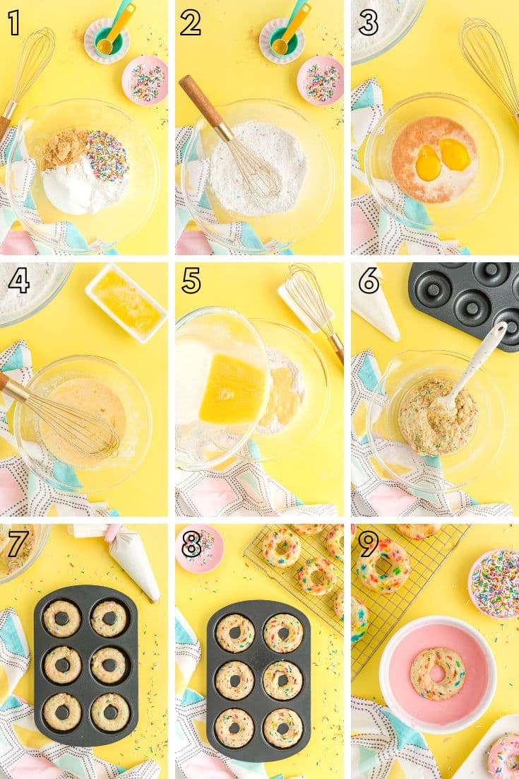 Step by step photo collage showing how to make birthday donuts.