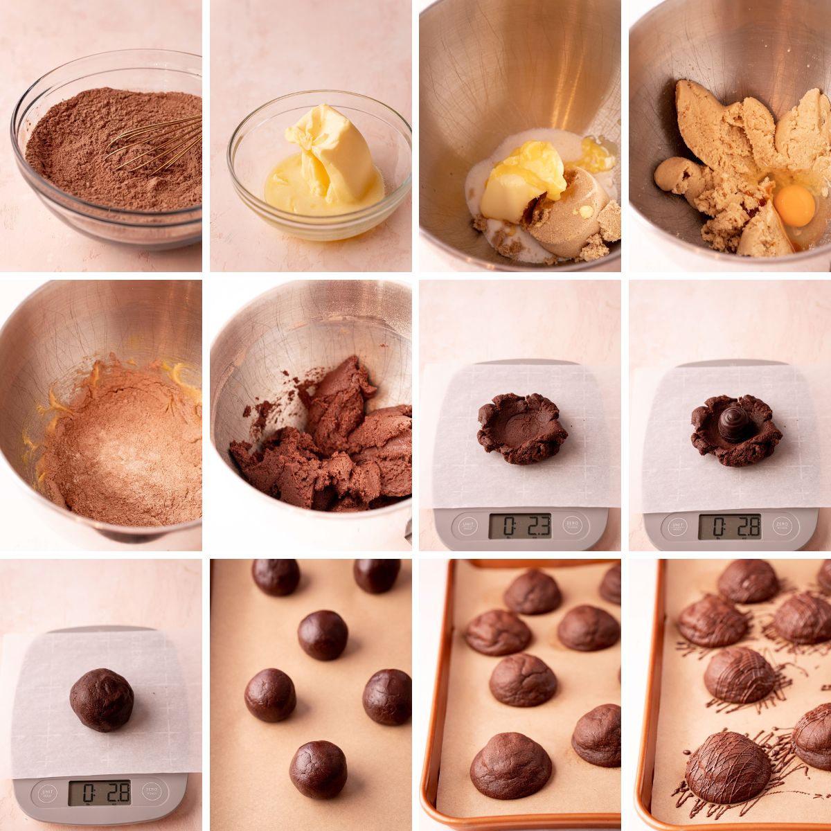 Step by step photo collage showing how to make chocolate cherry cordial stuffed cookies.
