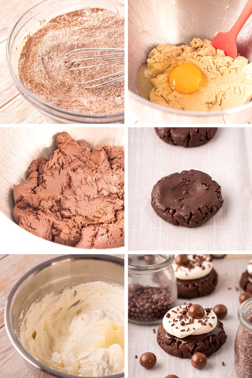 Step by step photo collage showing how to make chocolate milkshake cookies.