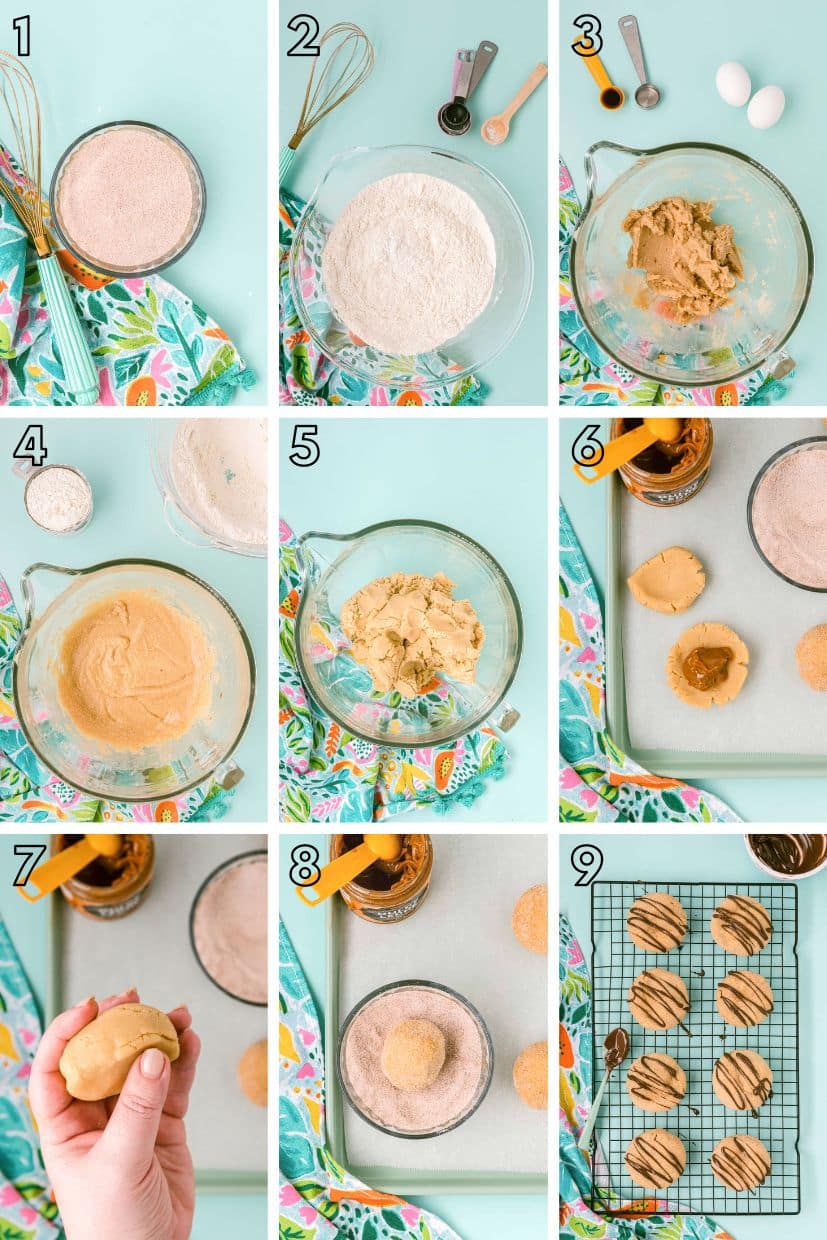 Step by step photo collage showing how to make churro cookies.