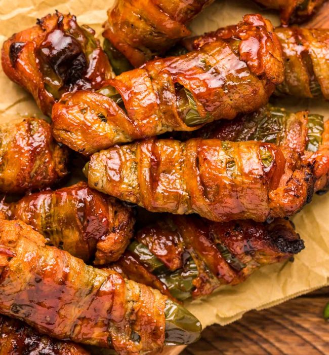 Overhead photo of Texas Twinkies on a wooden table and cutting board.