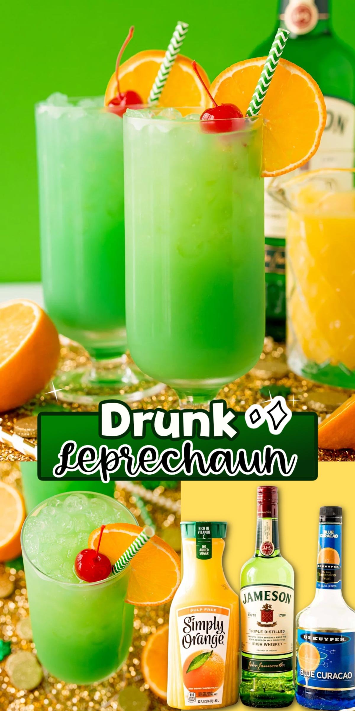 Drunken Leprechaun is a sweet, fruity, vibrant green cocktail that's made with just 3 ingredients in less than 5 minutes! The perfect drink to sip on and serve at your St. Patrick's Day party! via @sugarandsoulco