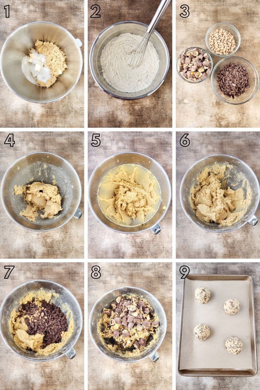 Step by step photo collage showing how to make chubby hubby cookies.