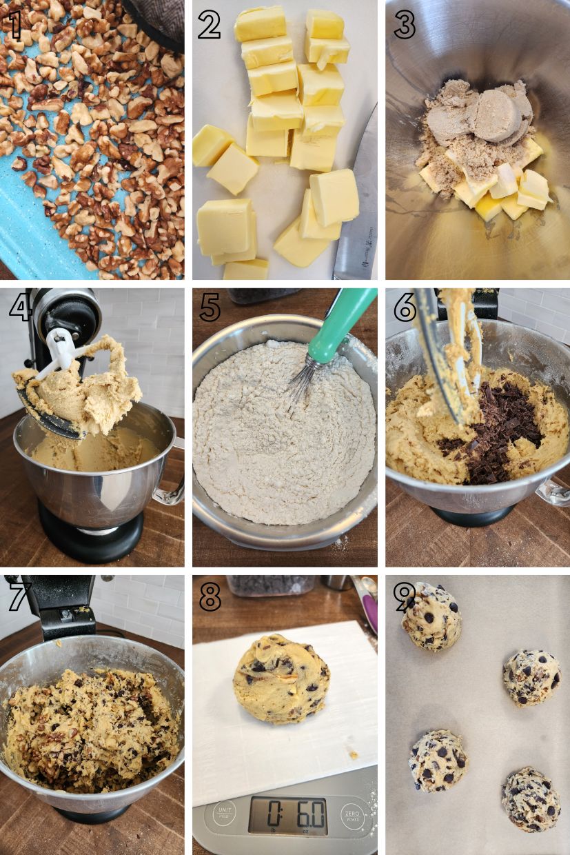 Step by step photo collage showing how to make levain bakery copycat cookies at home.