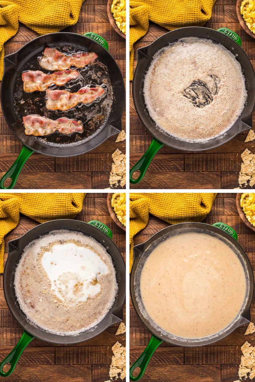 Step by step photo collage showing how to make sawmill gravy.
