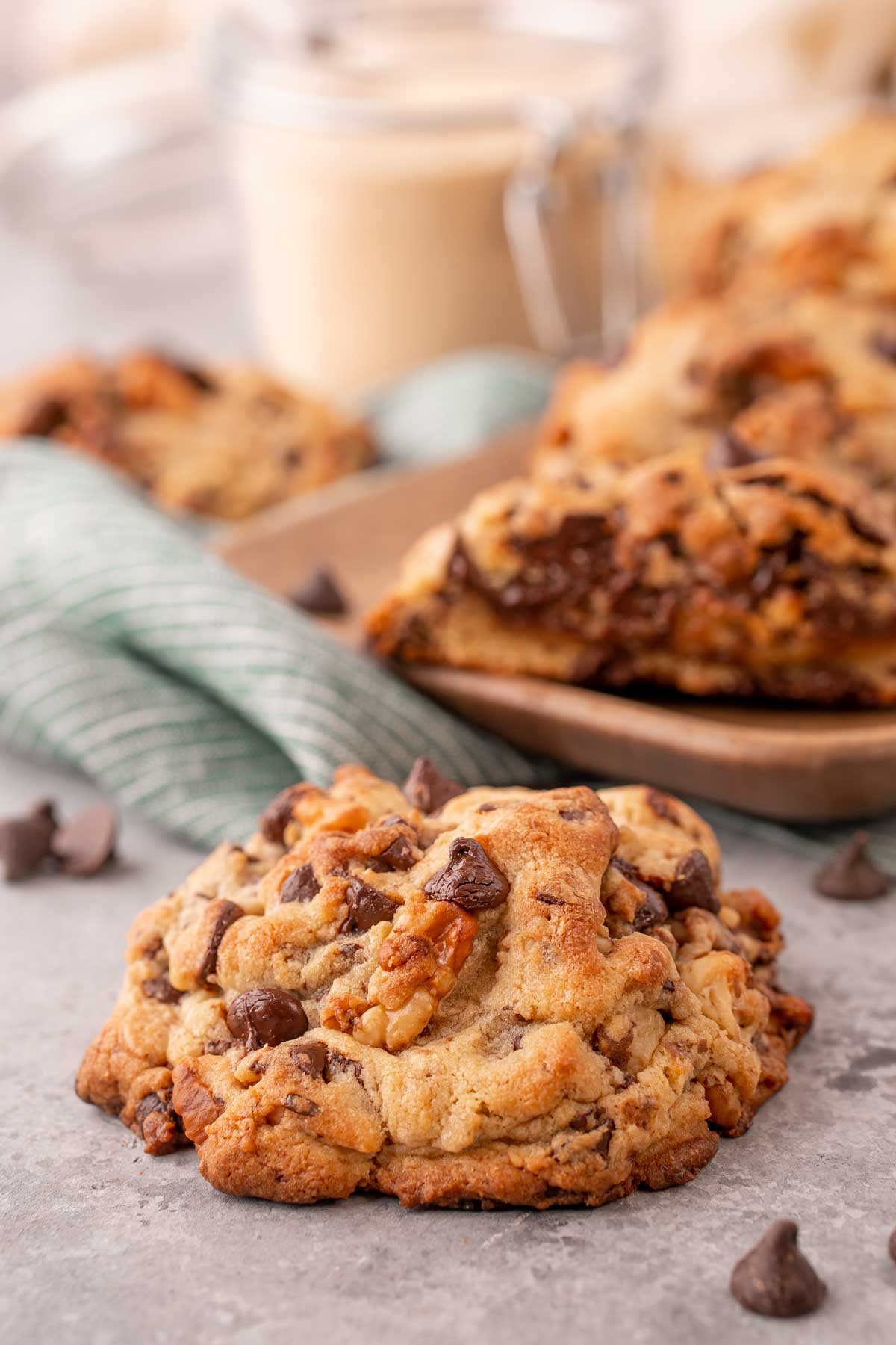 Levain cookie on a gray table.