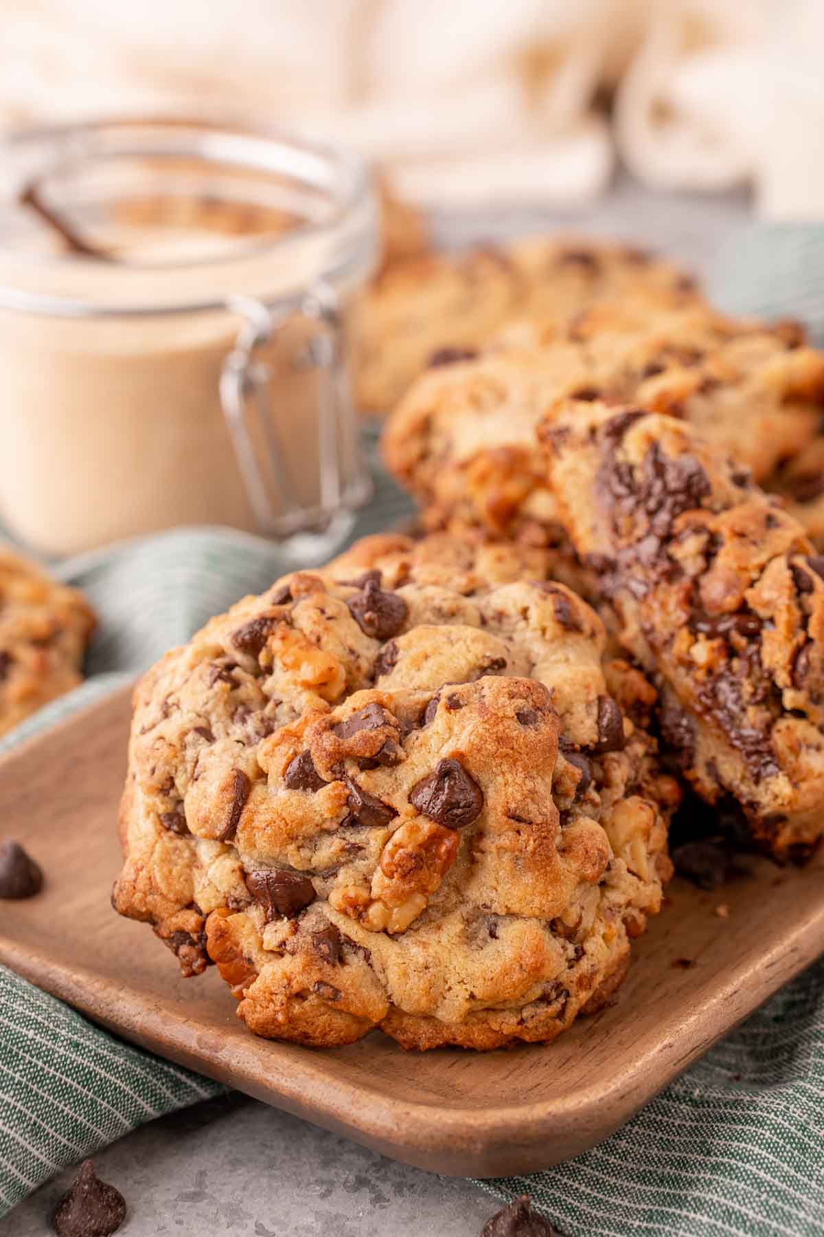 Levain Bakery Copycake cookies on a wooden tray.