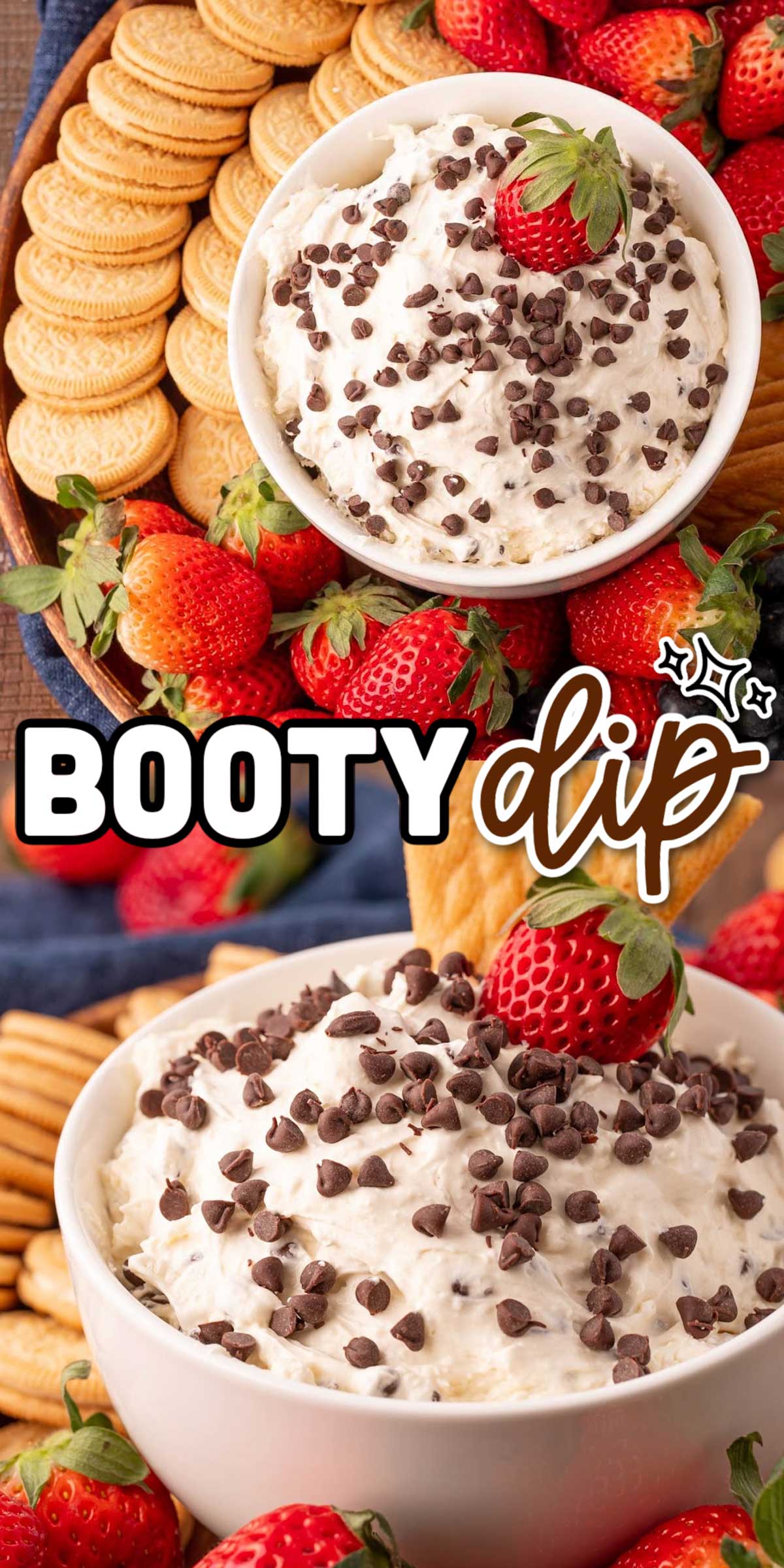 This Booty Dip recipe is an incredibly delicious and easy dessert dip made with cream cheese, marshmallow fluff, cool whip, brown sugar, vanilla, salt, and chocolate chips.  via @sugarandsoulco