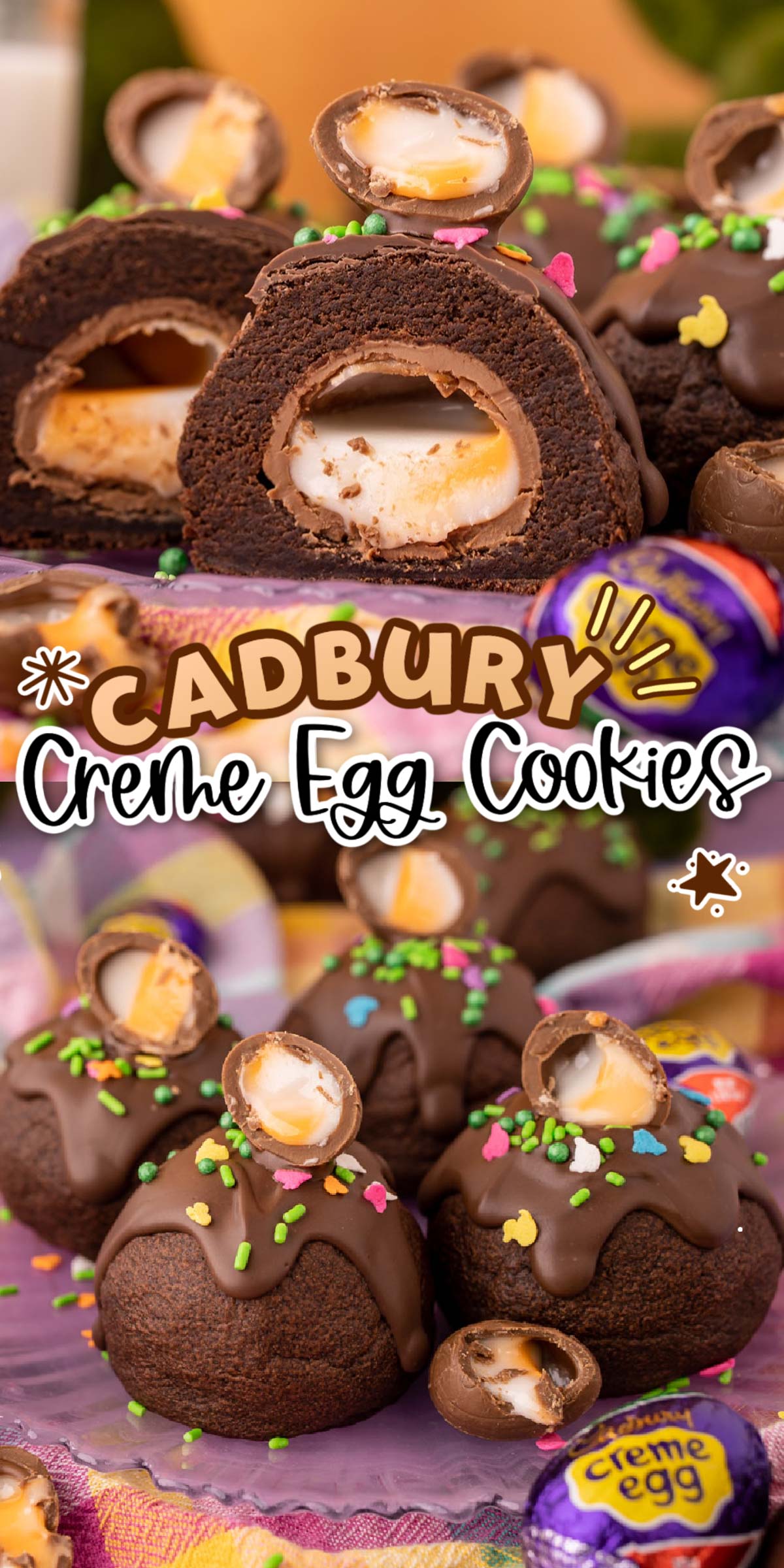 Cadbury Creme Egg Cookies are an impressive Easter treat with a Cadbury creme egg center, colorful sprinkles, and mini creme egg on top! A gourmet cookie recipe with step-by-step instructions that take just 15 minutes to prep! via @sugarandsoulco