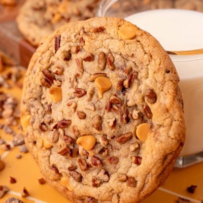 A large butter pecan cookie leaning against a glass of milk.
