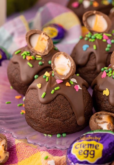 Cadbury Creme Egg Cookies on a purple plate.