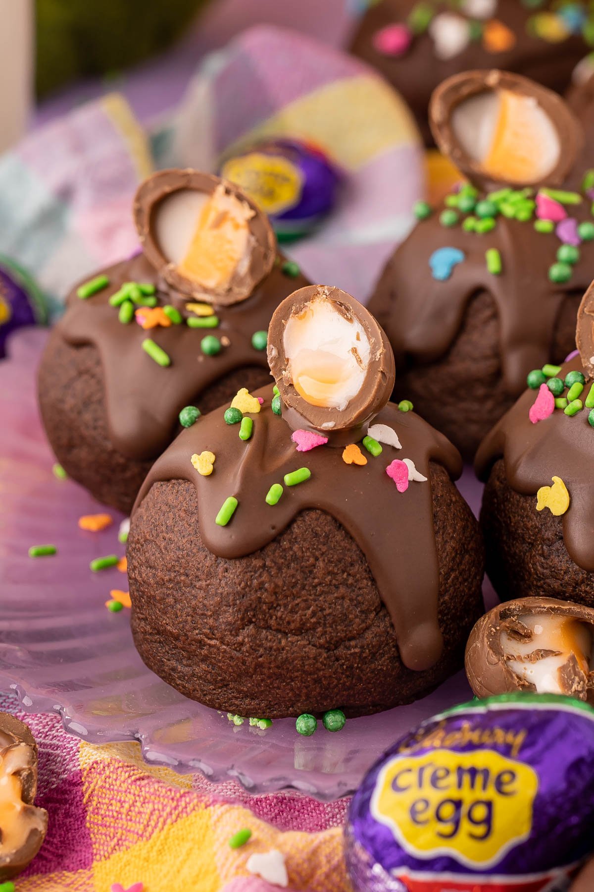 Cadbury Creme Egg Cookies on a purple plate.