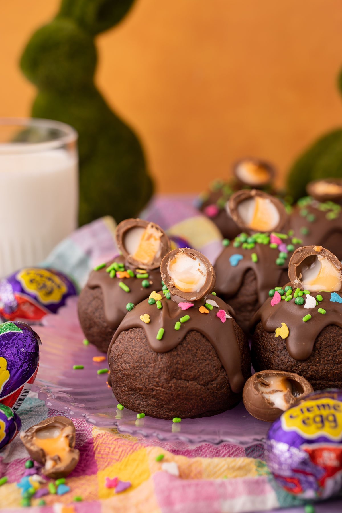 Cadbury Creme Egg Cookies on a purple plate.