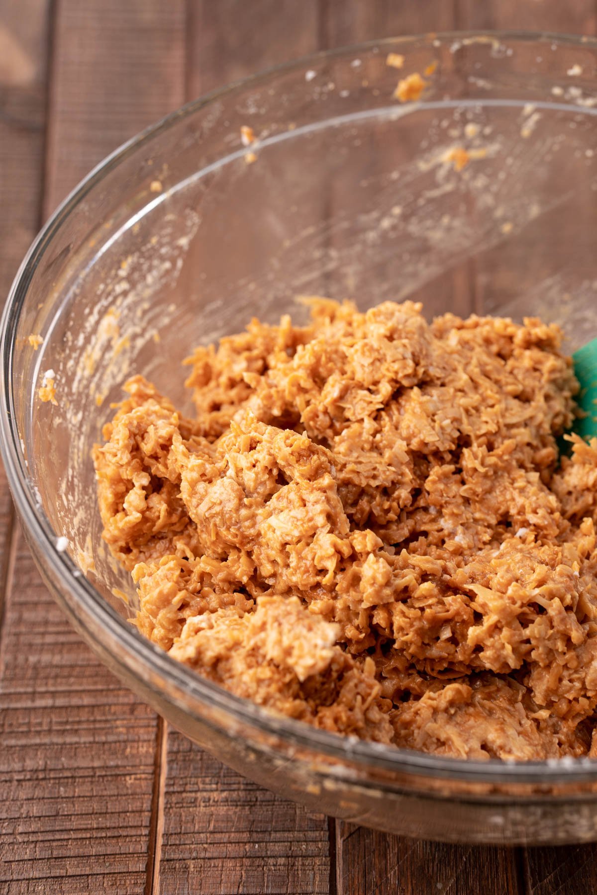 Dulce de Leche Coconut Macaroon Mixture on a wooden table. 