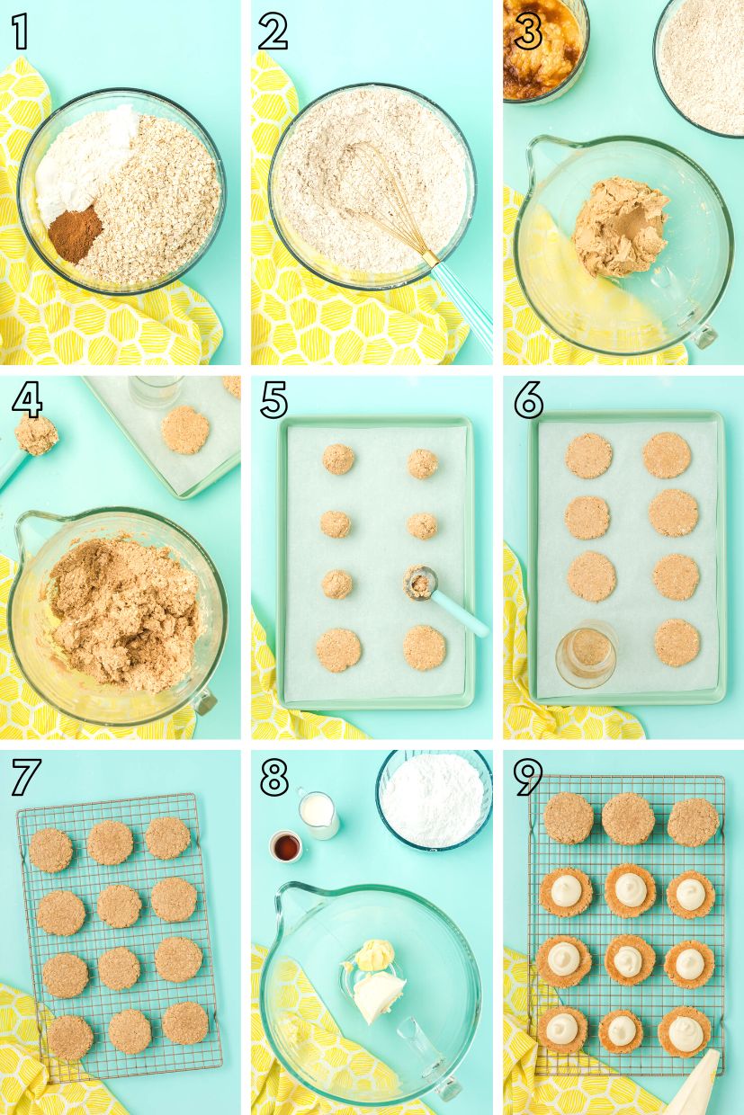 Step by step photo collage showing how to make banana oatmeal cream pies.