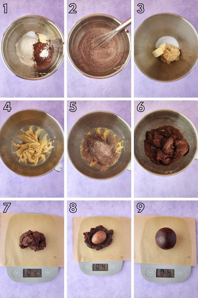 Step by step photo collage showing how to make chocolate cookies stuffed with cadbury creme eggs.