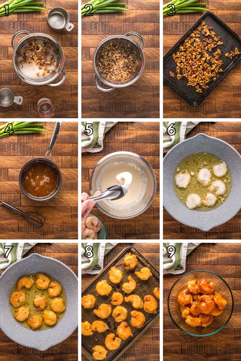 Step by step photo collage showing how to make honey walnut shrimp from scratch.